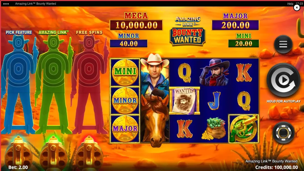 Cenário desértico do slot Amazing Link Bounty Wanted com elementos de Velho Oeste