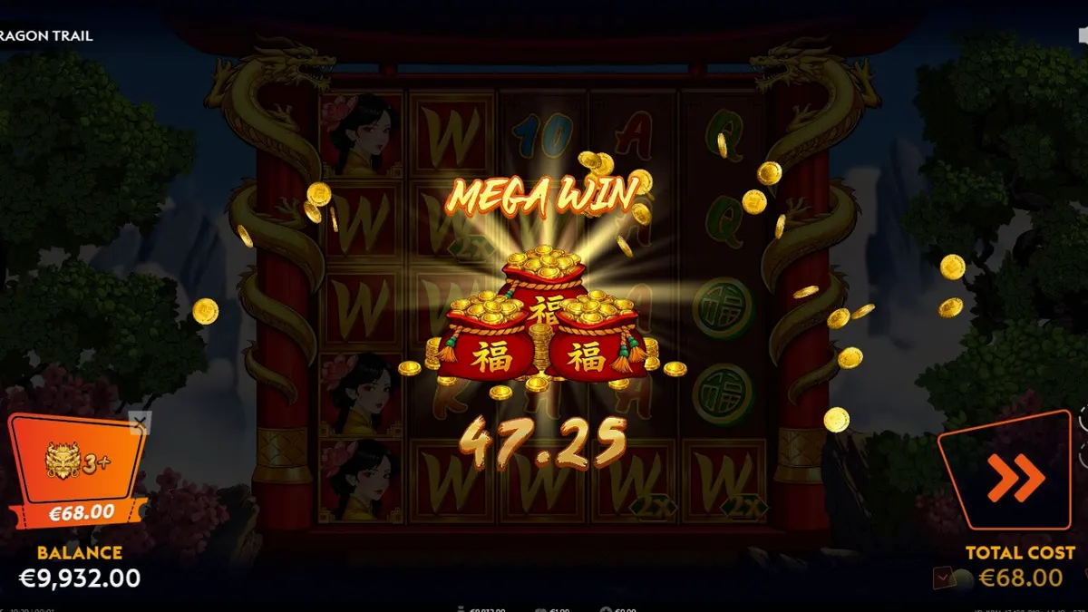 Interface do slot Dragon Trail com dragões dourados e pagode