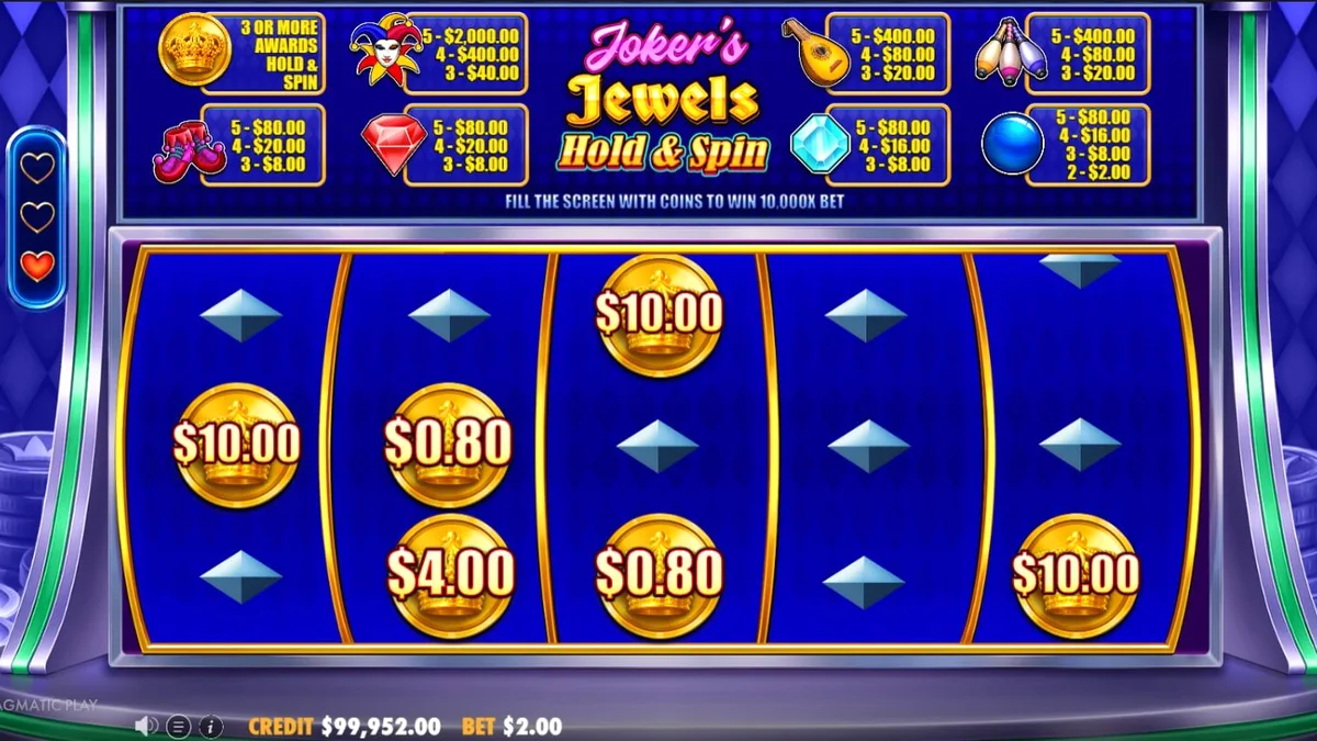 Interface do jogo Joker’s Jewels Hold & Spin com símbolos de curinga e pedras preciosas