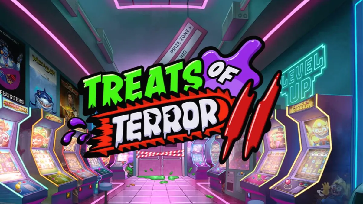 Interface neon vibrante do jogo Treats of Terror 2 com elementos de arcade