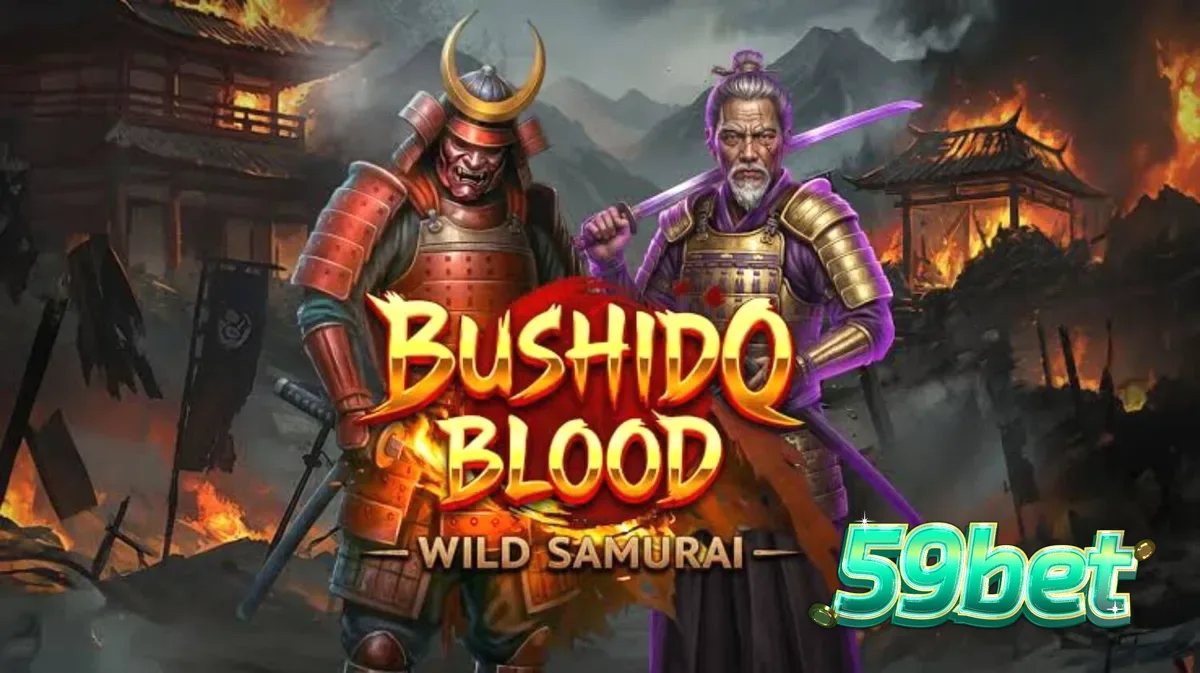 Cena de batalha samurai em um templo antigo com estandartes vermelhos e armaduras tradicionais no slot Bushido Blood.